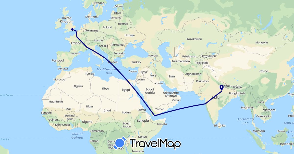 TravelMap itinerary: driving in France, United Kingdom, India, Italy, Yemen (Asia, Europe)